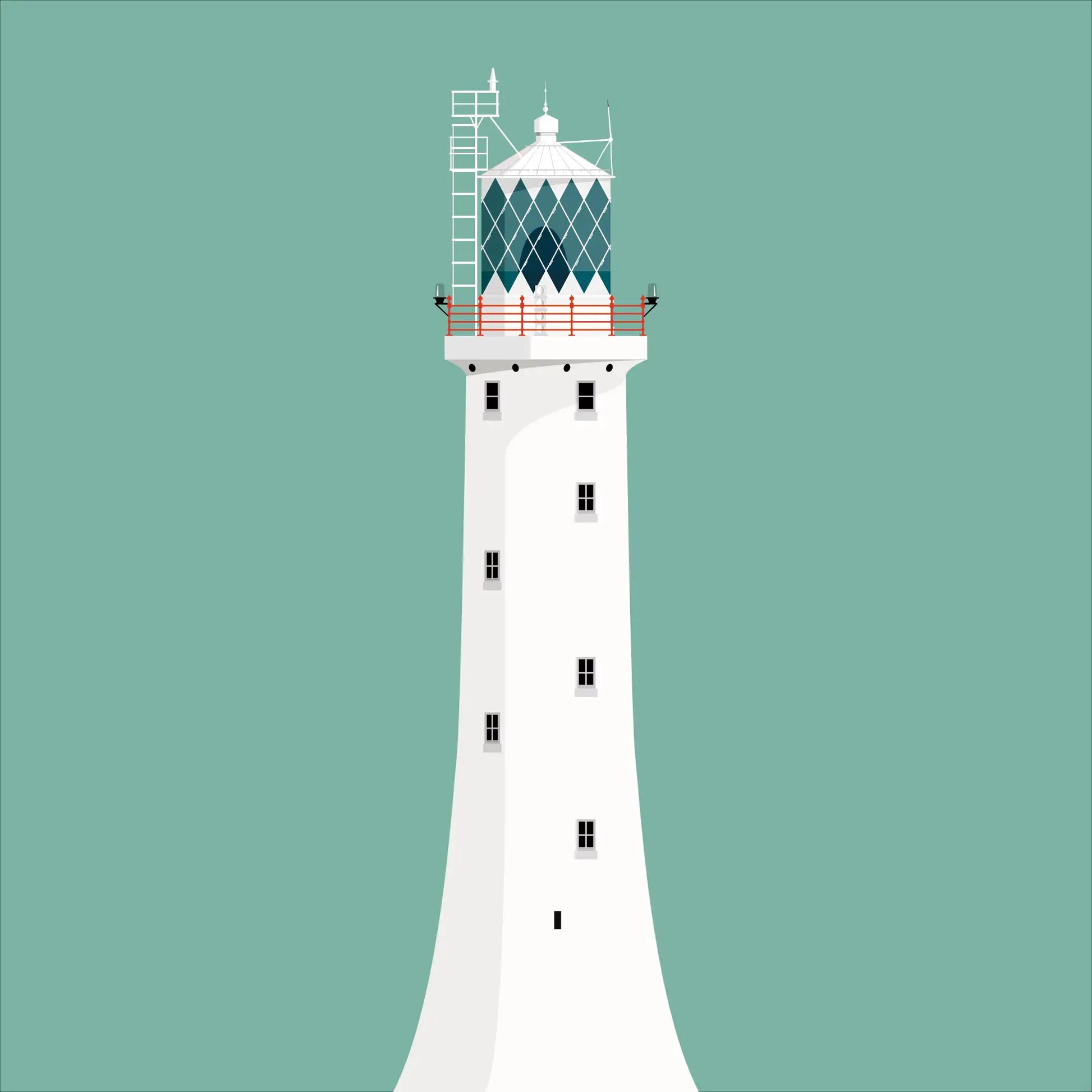 Illustration of Tuskar Rock lighthouse on a white background inside light blue square