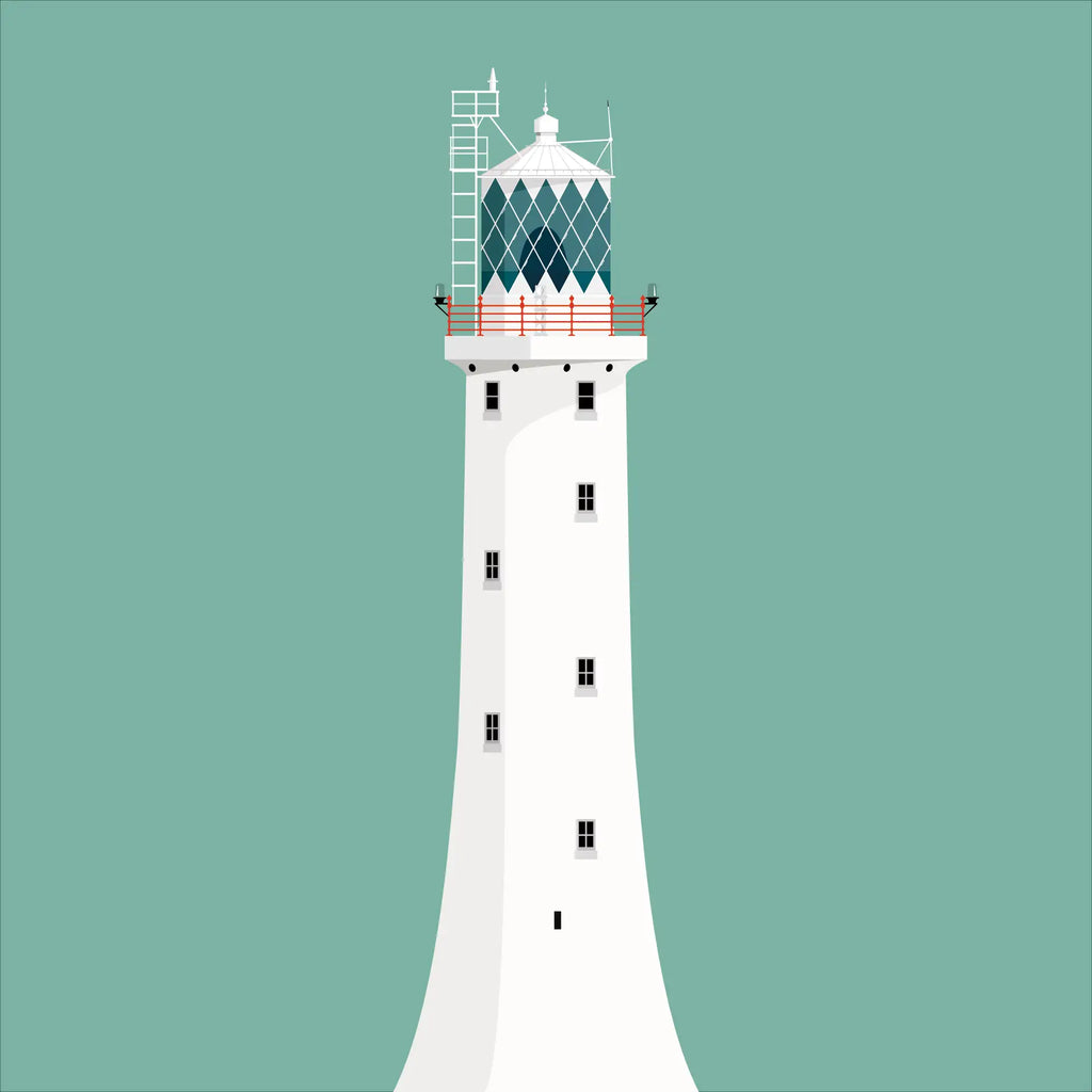 Illustration of Tuskar Rock lighthouse on a white background inside light blue square