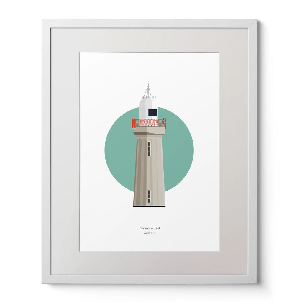 Illustration of Dunmore East lighthouse on a white background inside light blue square,  in a white frame measuring 40x50cm.