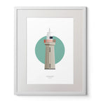 Illustration of Dunmore East lighthouse on a white background inside light blue square,  in a white frame measuring 40x50cm.