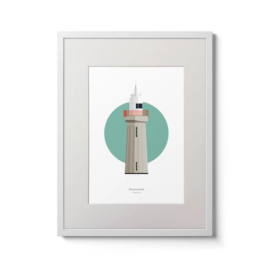 Illustration of Dunmore East lighthouse on a white background inside light blue square,  in a white frame measuring 30x40cm.