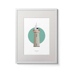 Illustration of Dunmore East lighthouse on a white background inside light blue square,  in a white frame measuring 30x40cm.