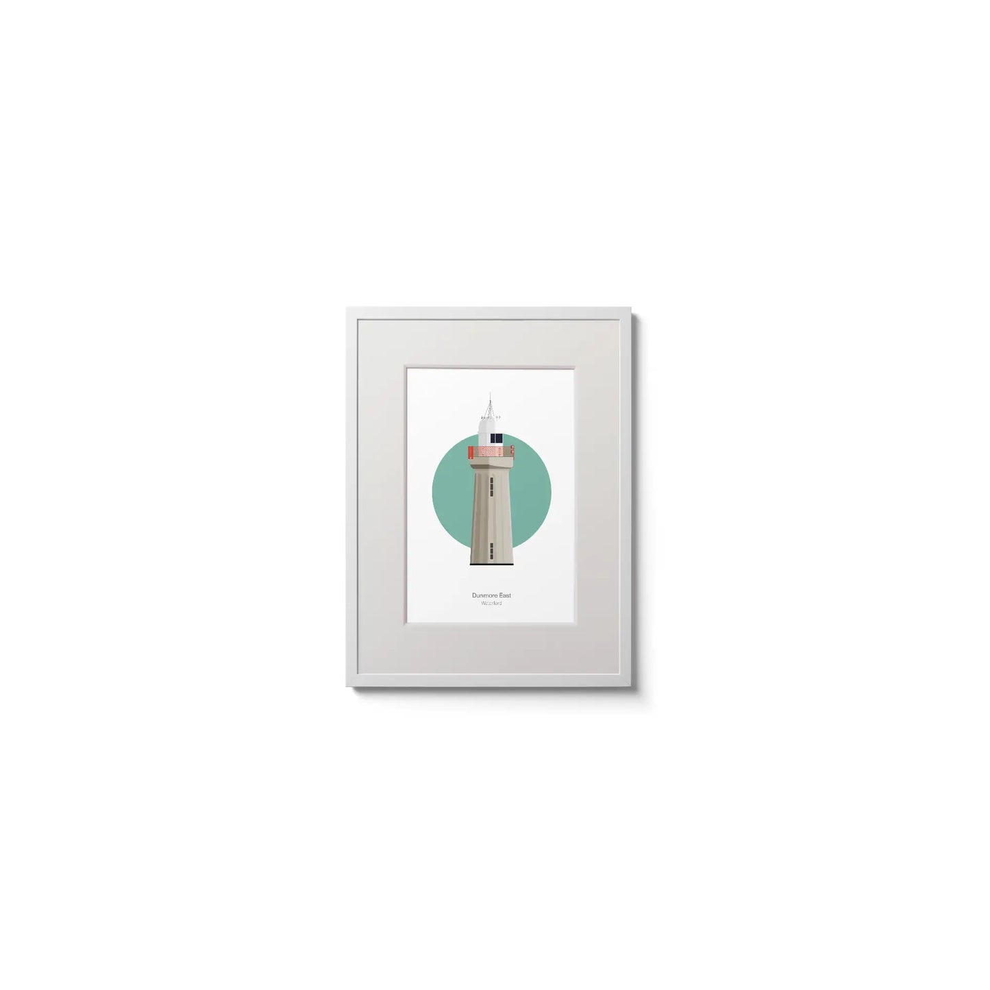 Illustration of Dunmore East lighthouse on a white background inside light blue square,  in a white frame measuring 15x20cm.