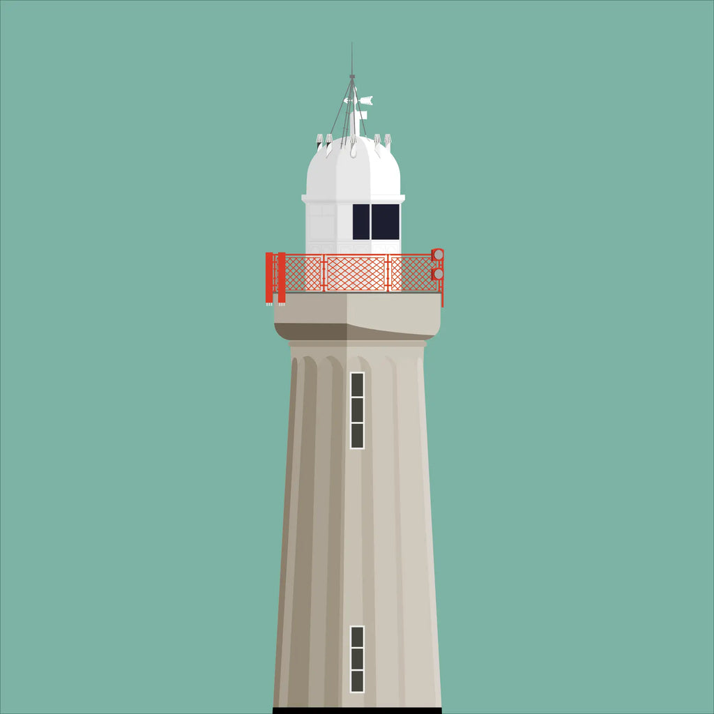 Illustration of Dunmore East lighthouse on a white background inside light blue square