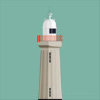 Illustration of Dunmore East lighthouse on a white background inside light blue square