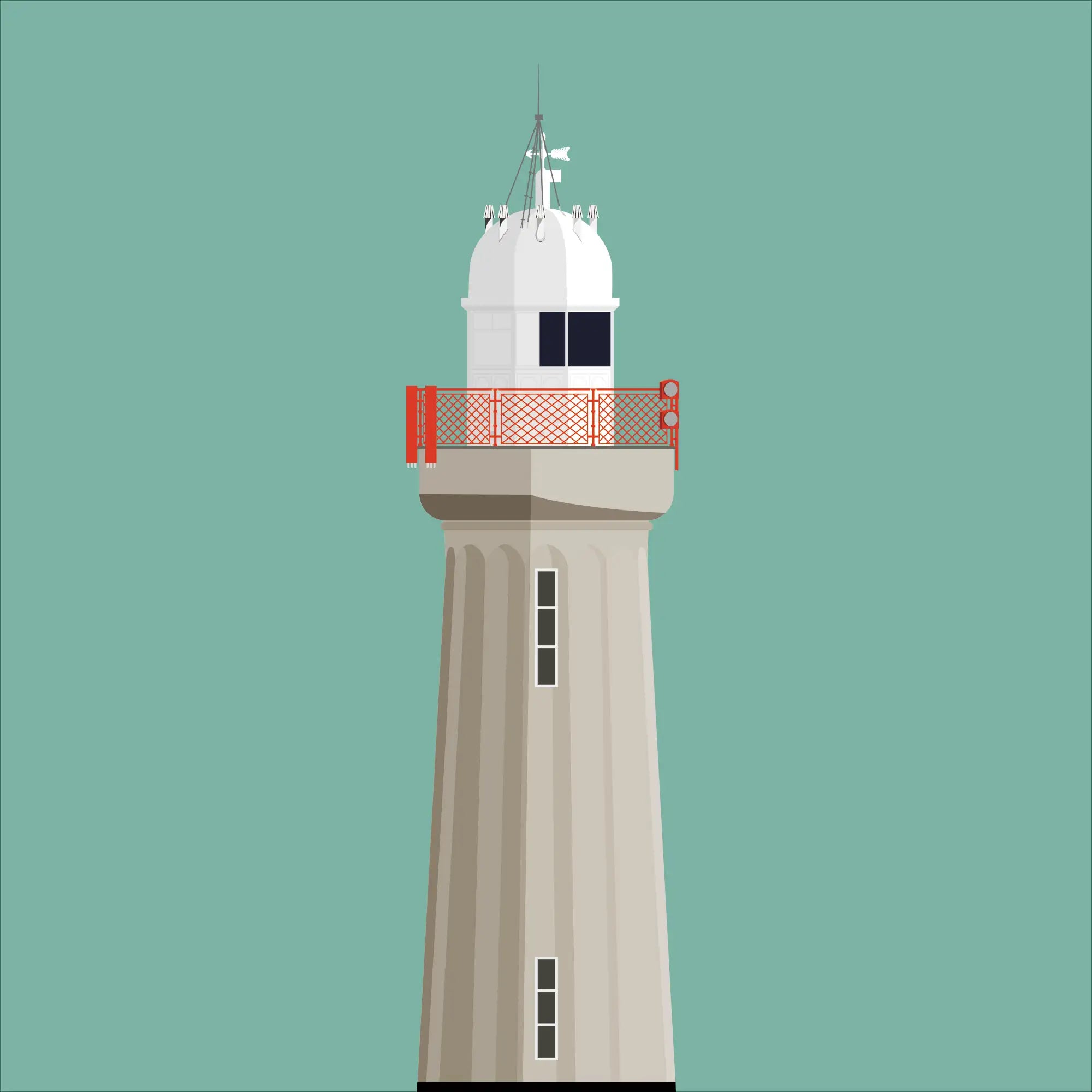 Illustration of Dunmore East lighthouse on a white background inside light blue square