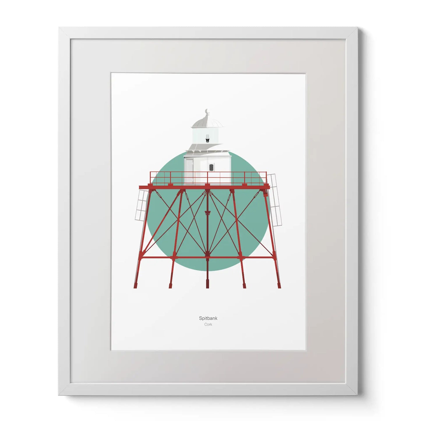 Illustration of Spitbank lighthouse on a white background inside light blue square,  in a white frame measuring 40x50cm.