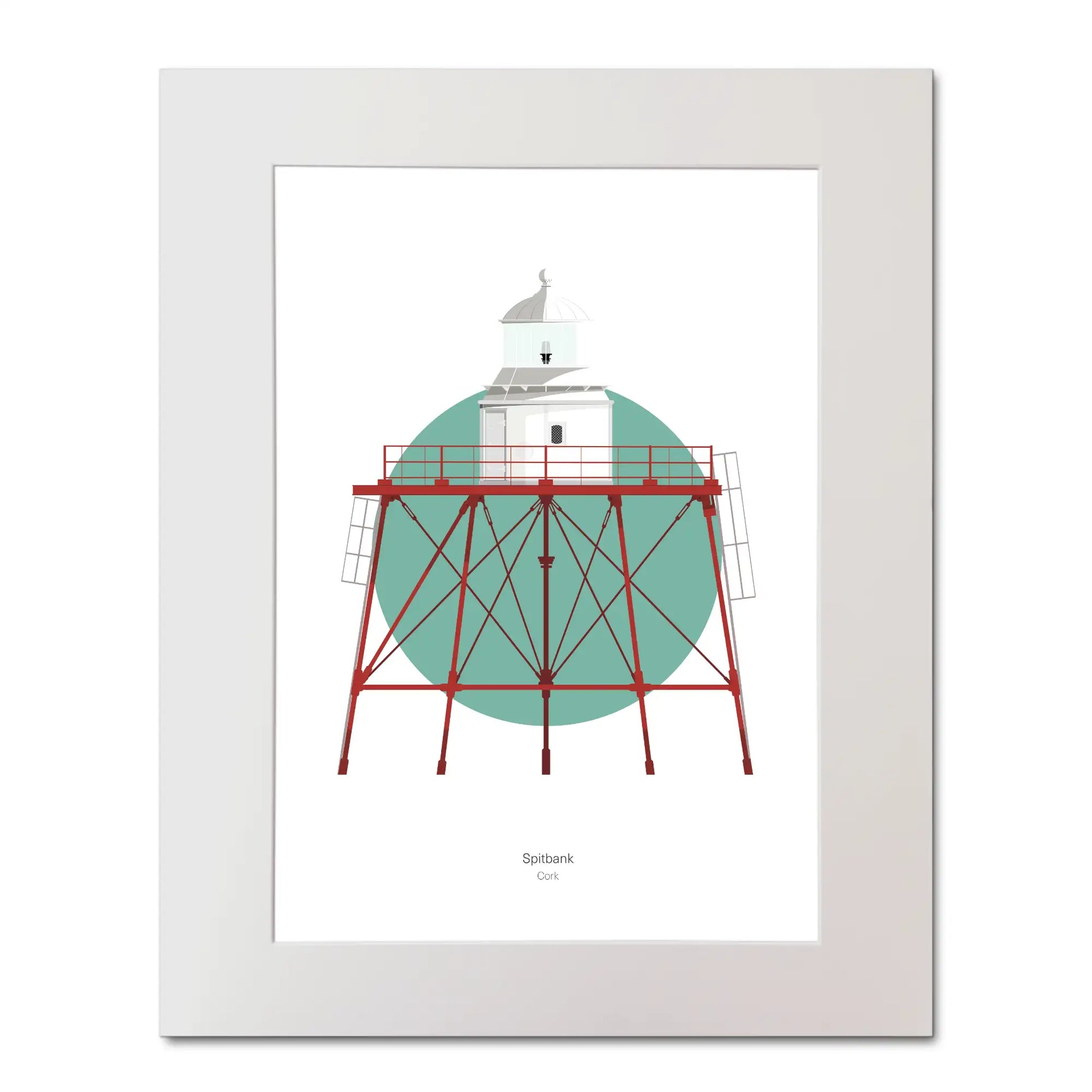 Illustration of Spitbank lighthouse on a white background inside light blue square, mounted and measuring 40x50cm.