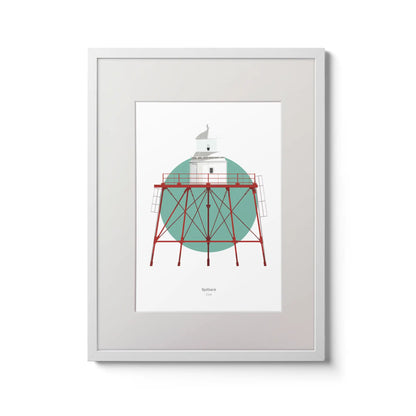 Illustration of Spitbank lighthouse on a white background inside light blue square,  in a white frame measuring 30x40cm.