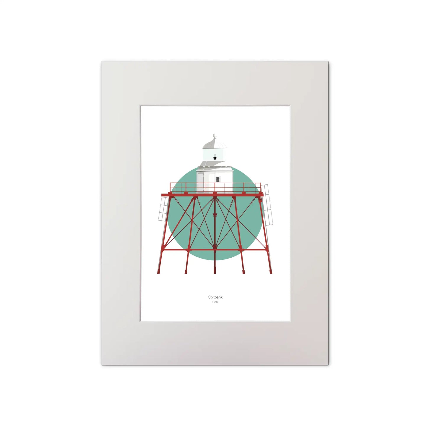 Illustration of Spitbank lighthouse on a white background inside light blue square, mounted and measuring 30x40cm.