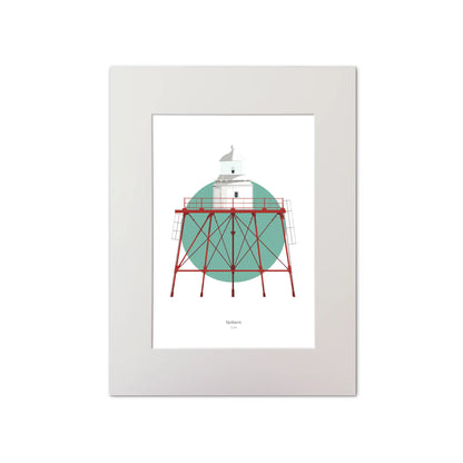 Illustration of Spitbank lighthouse on a white background inside light blue square, mounted and measuring 30x40cm.