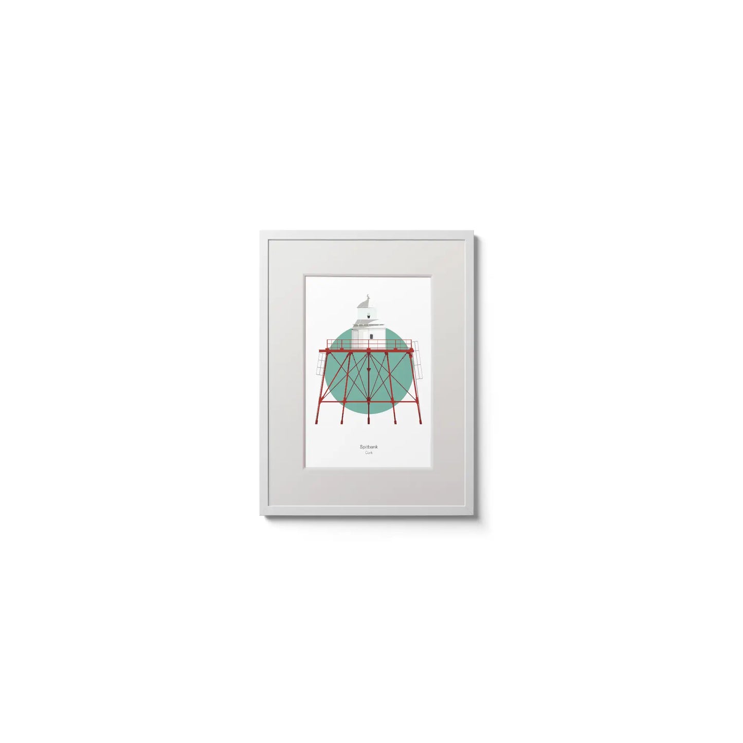 Illustration of Spitbank lighthouse on a white background inside light blue square,  in a white frame measuring 15x20cm.