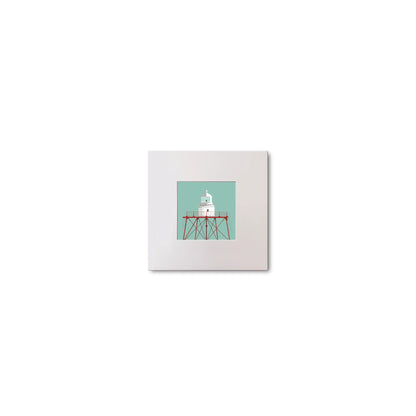Illustration of Spitbank lighthouse on an ocean green background, mounted and measuring 10x10cm.