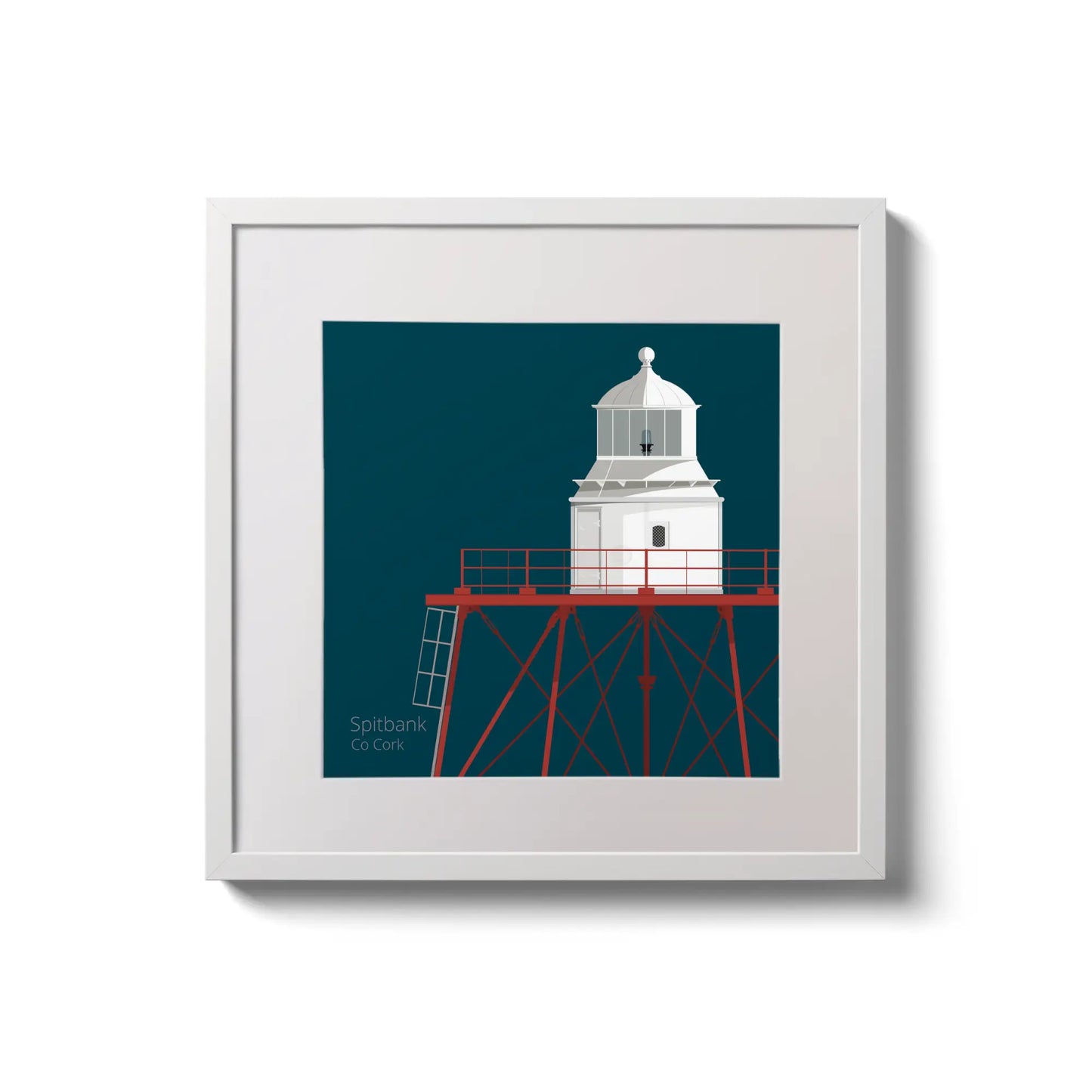 Illustration of Spitbank lighthouse on a midnight blue background,  in a white square frame measuring 20x20cm.
