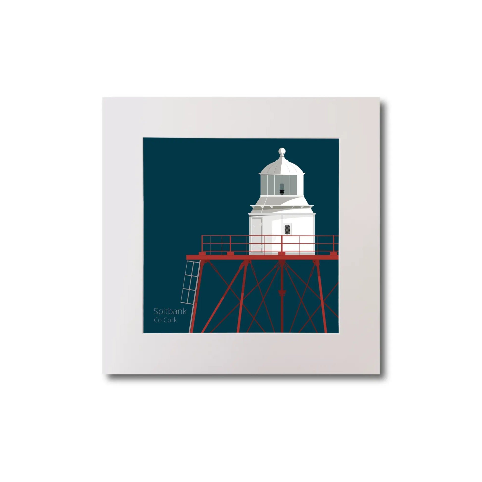 Illustration of Spitbank lighthouse on a midnight blue background, mounted and measuring 20x20cm.
