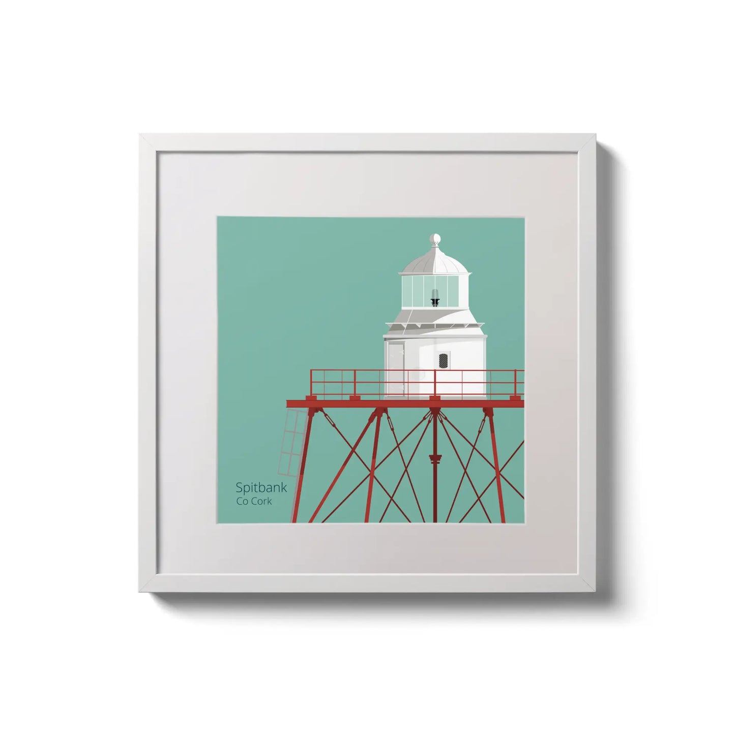 Illustration of Spitbank lighthouse on an ocean green background,  in a white square frame measuring 20x20cm.