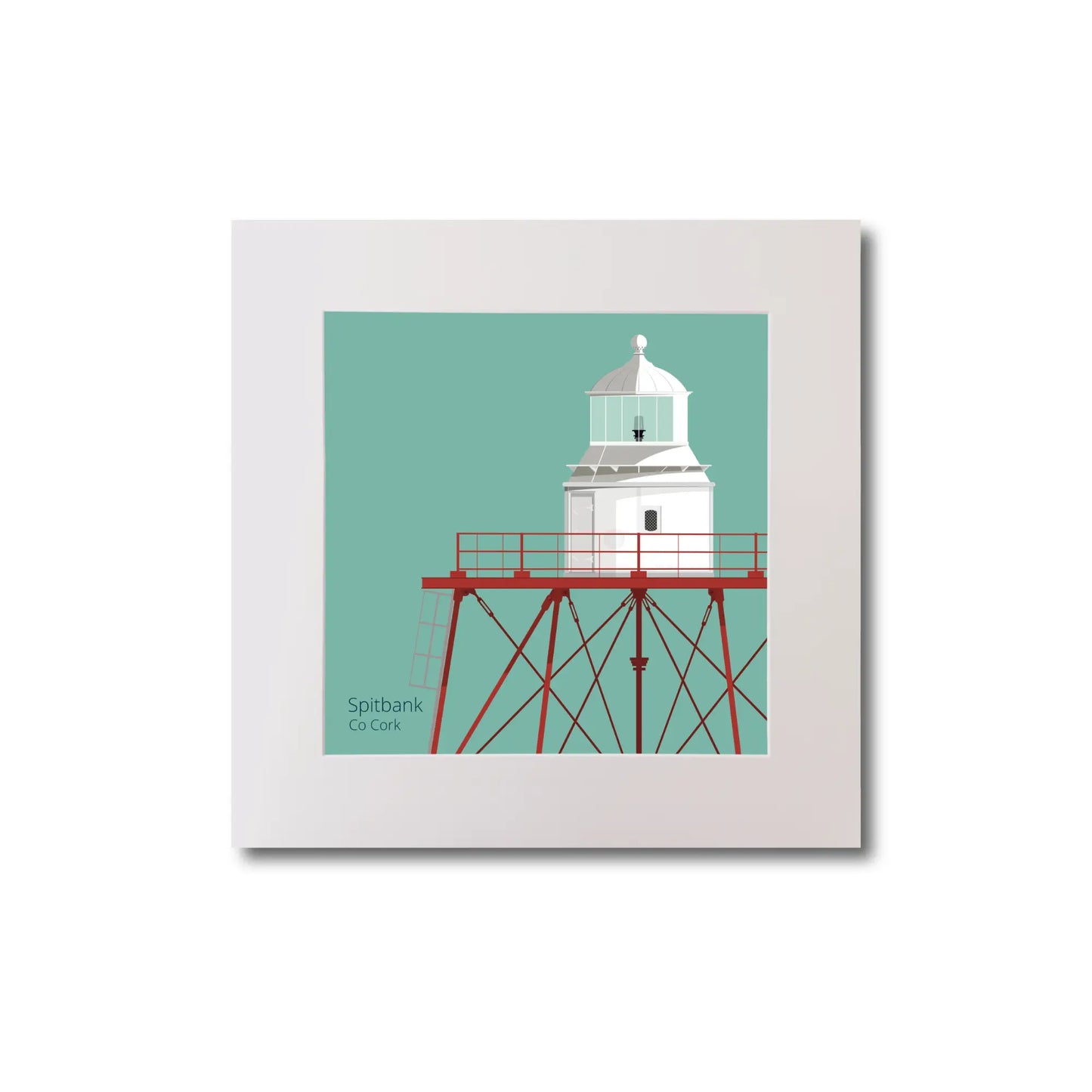 Illustration of Spitbank lighthouse on an ocean green background, mounted and measuring 20x20cm.