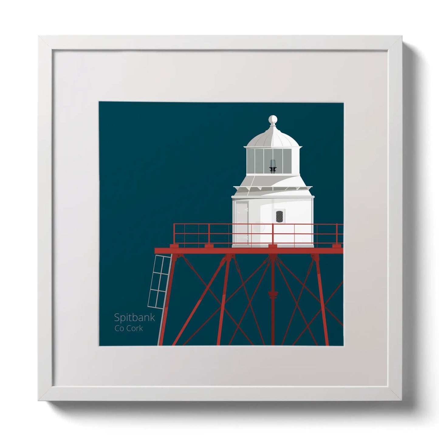 Illustration of Spitbank lighthouse on a midnight blue background,  in a white square frame measuring 30x30cm.