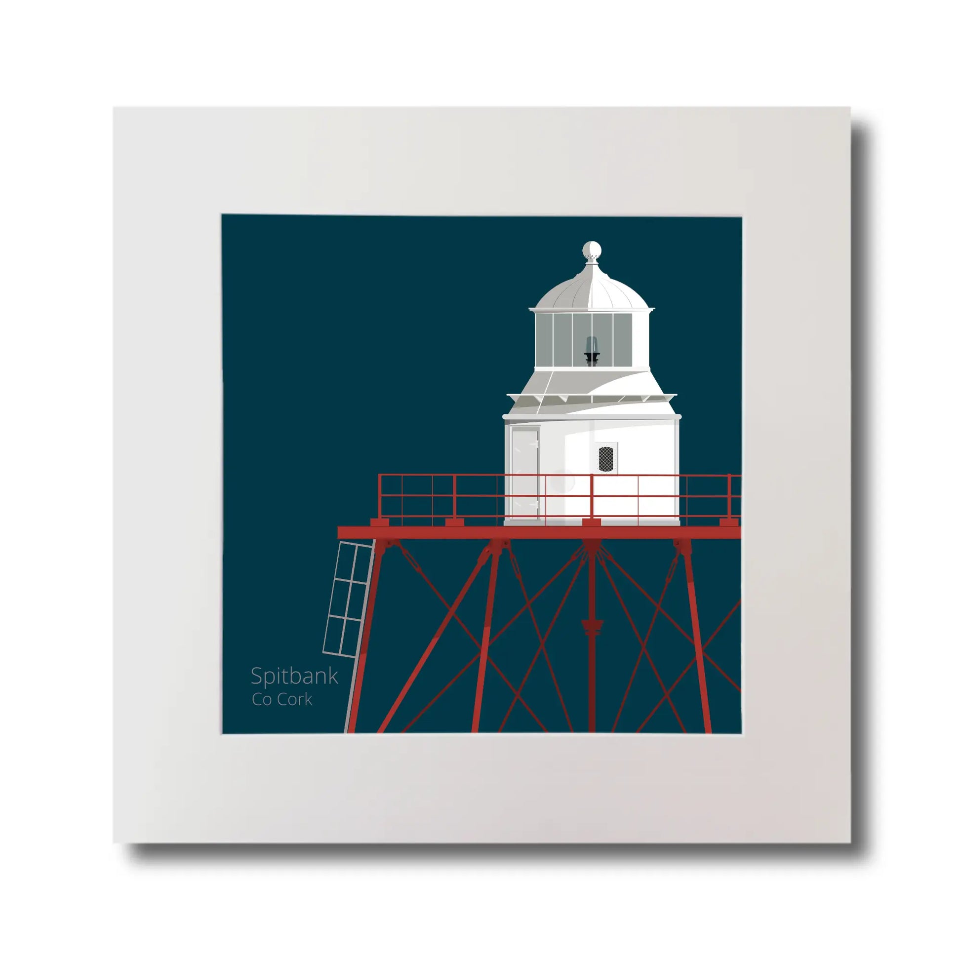 Illustration of Spitbank lighthouse on a midnight blue background, mounted and measuring 30x30cm.