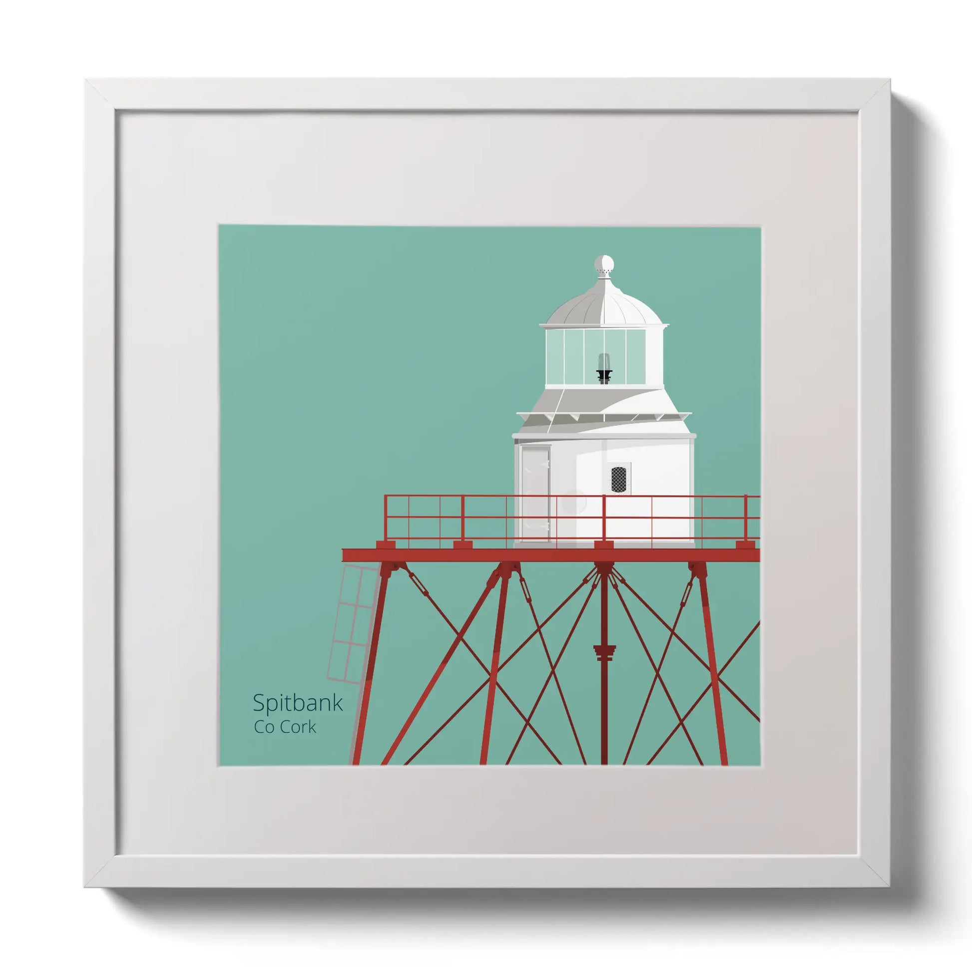 Illustration of Spitbank lighthouse on an ocean green background,  in a white square frame measuring 30x30cm.