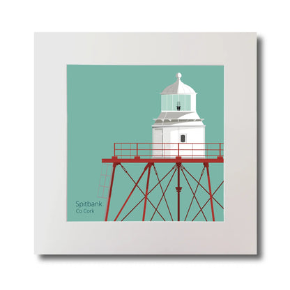Illustration of Spitbank lighthouse on an ocean green background, mounted and measuring 30x30cm.