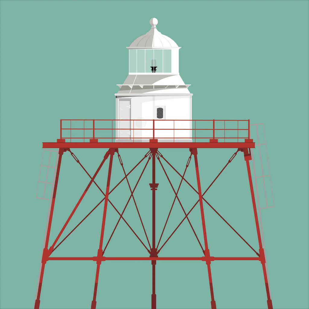 Illustration of Spitbank lighthouse on a white background inside light blue square.