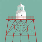 Illustration of Spitbank lighthouse on a white background inside light blue square.
