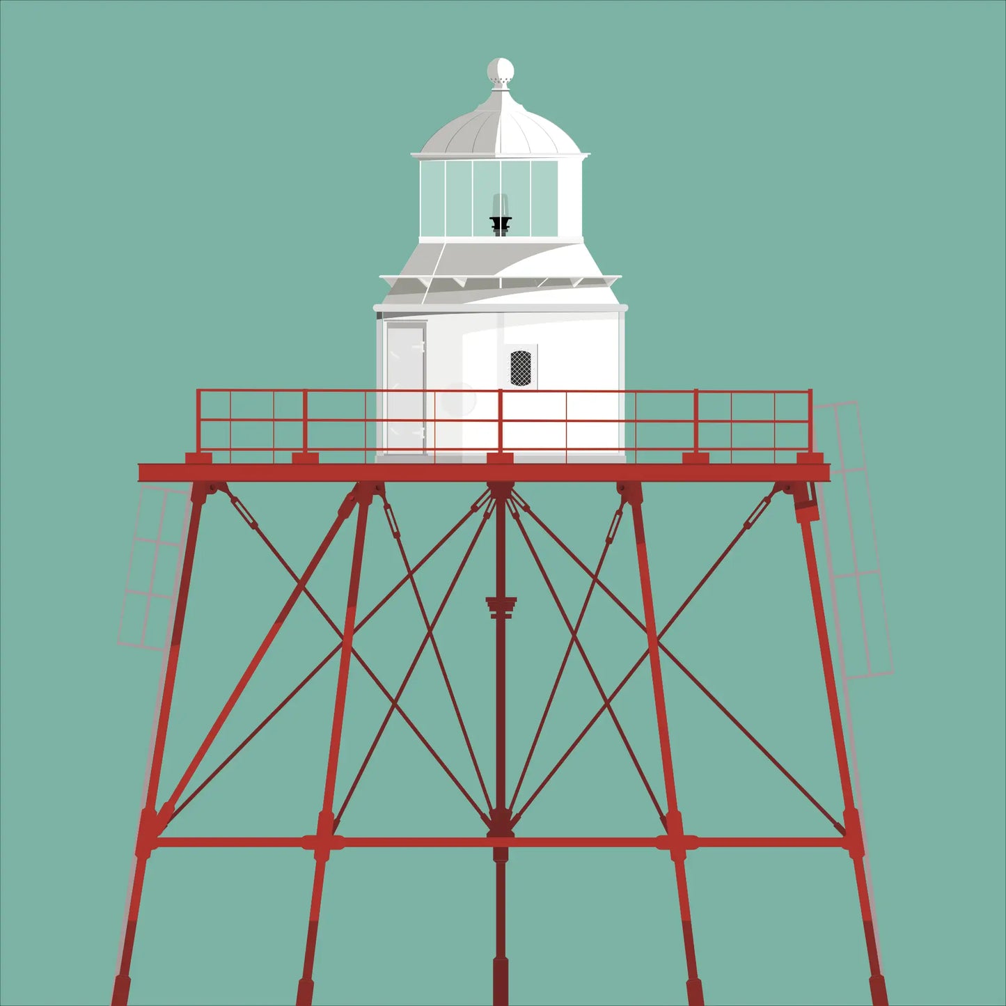 Illustration of Spitbank lighthouse on a white background inside light blue square.