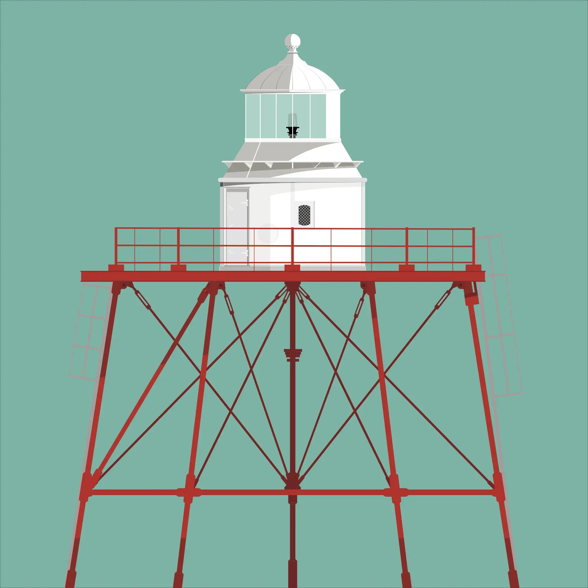 Illustration of Spitbank lighthouse on a white background inside light blue square.