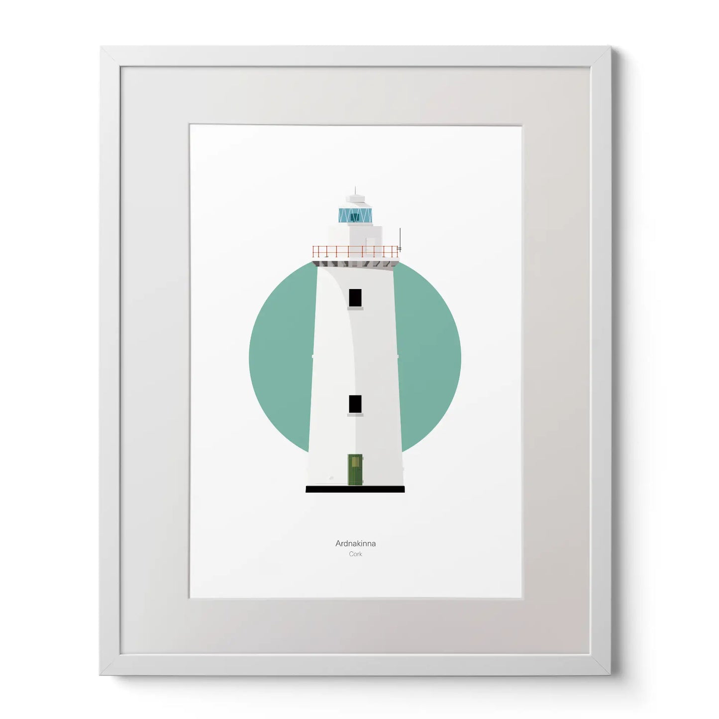 Illustration of Ardnakinna lighthouse on a white background inside light blue square,  in a white frame measuring 40x50cm.