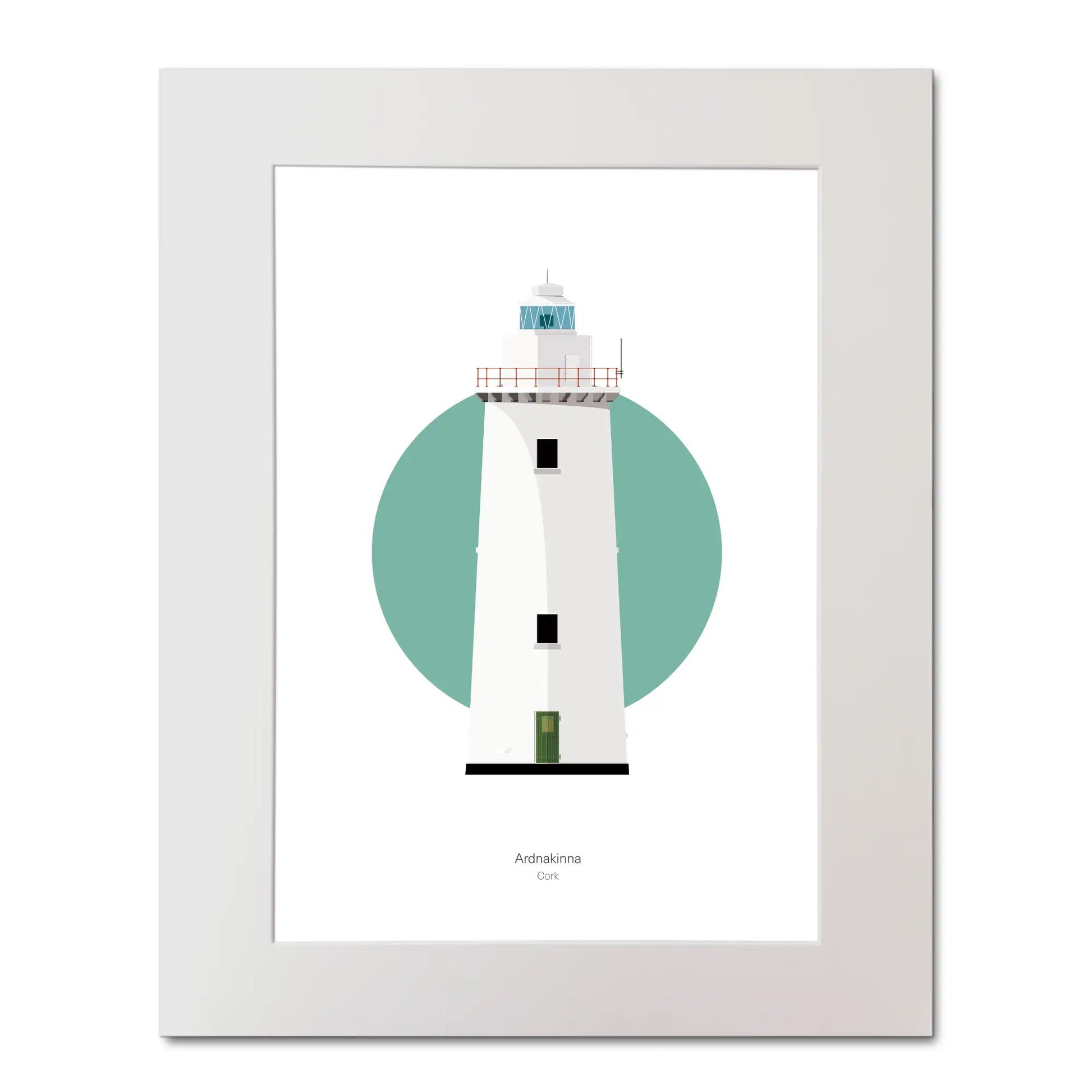 Illustration of Ardnakinna lighthouse on a white background inside light blue square, mounted and measuring 40x50cm.