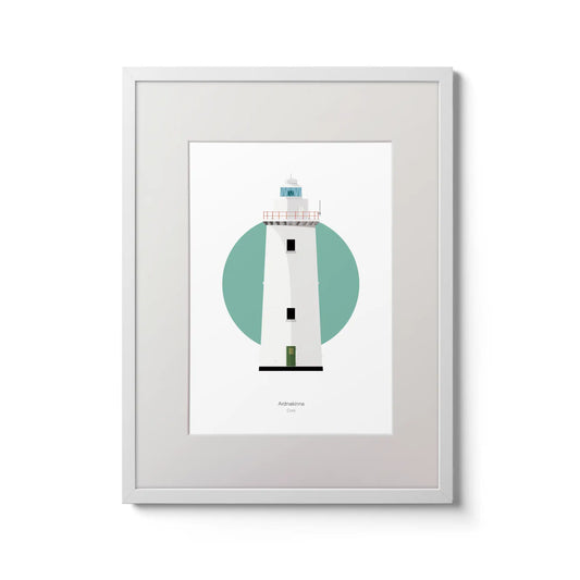 Illustration of Ardnakinna lighthouse on a white background inside light blue square,  in a white frame measuring 30x40cm.
