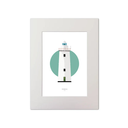 Illustration of Ardnakinna lighthouse on a white background inside light blue square, mounted and measuring 30x40cm.