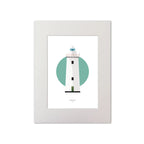 Illustration of Ardnakinna lighthouse on a white background inside light blue square, mounted and measuring 30x40cm.