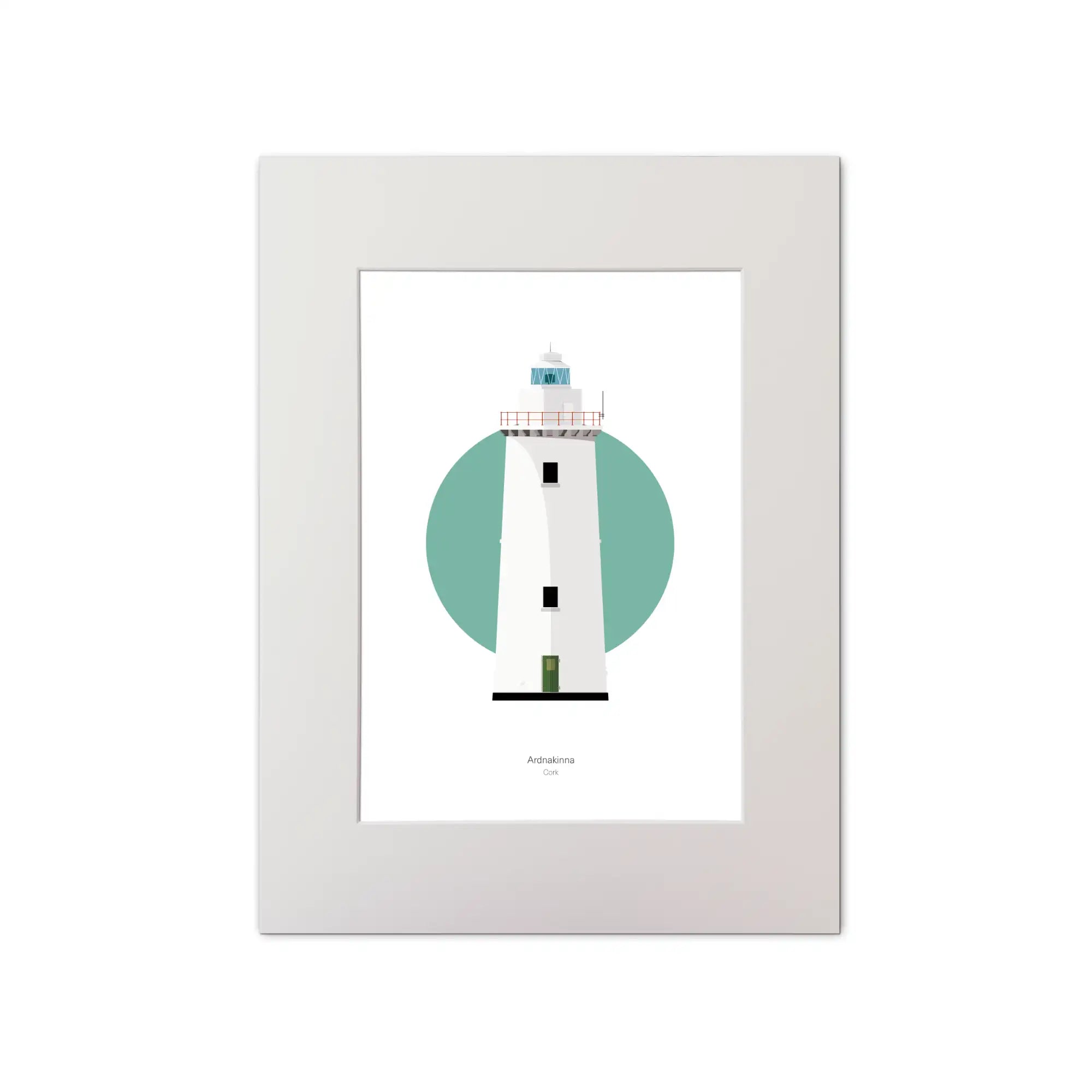 Illustration of Ardnakinna lighthouse on a white background inside light blue square, mounted and measuring 30x40cm.