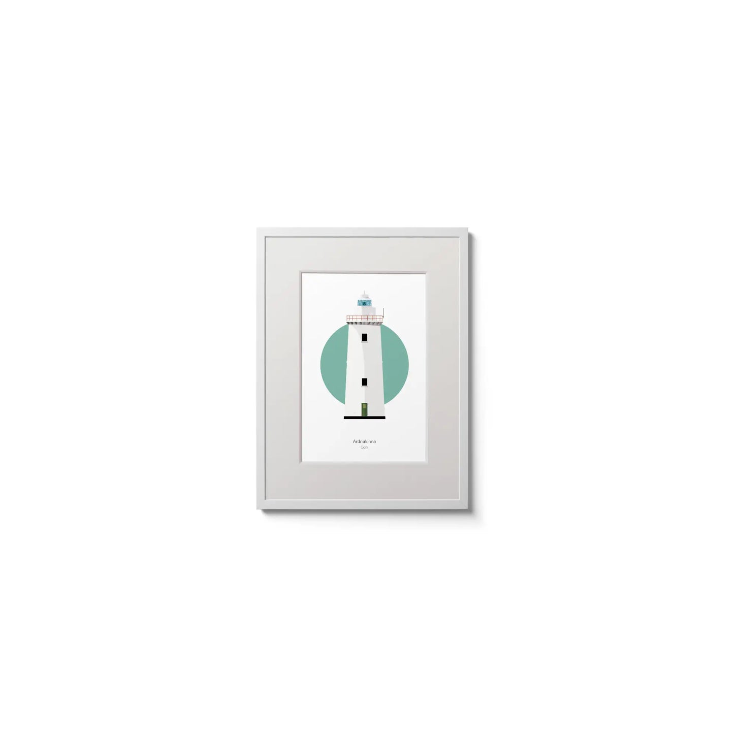 Illustration of Ardnakinna lighthouse on a white background inside light blue square,  in a white frame measuring 15x20cm.