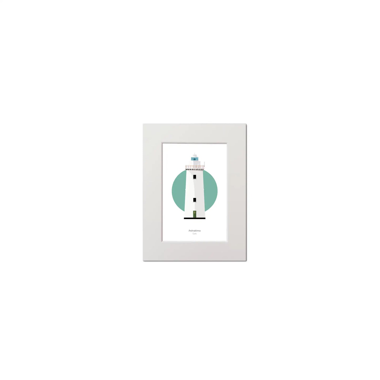 Illustration of Ardnakinna lighthouse on a white background inside light blue square, mounted and measuring 15x20cm.
