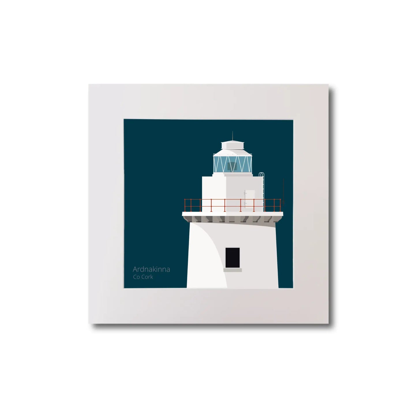 Illustration of Ardnakinna lighthouse on a midnight blue background, mounted and measuring 20x20cm.