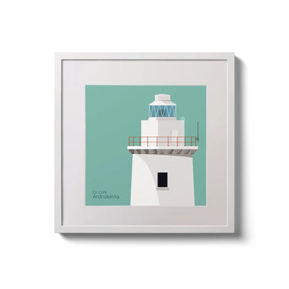 Illustration of Ardnakinna lighthouse on an ocean green background,  in a white square frame measuring 20x20cm.
