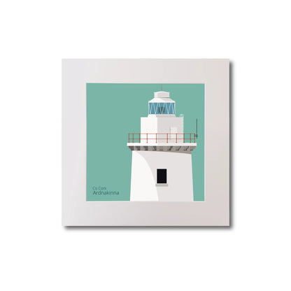 Illustration of Ardnakinna lighthouse on an ocean green background, mounted and measuring 20x20cm.
