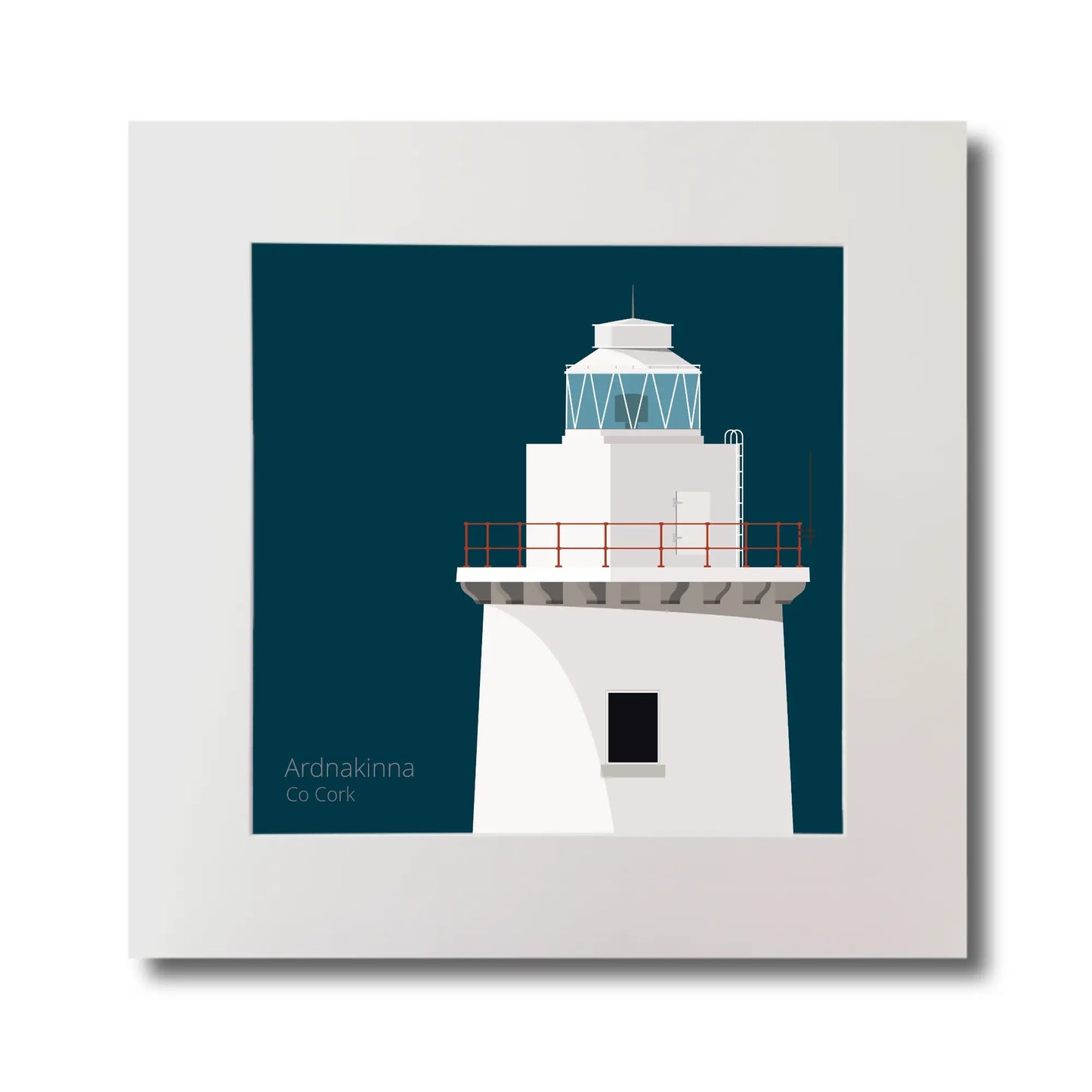Illustration of Ardnakinna lighthouse on a midnight blue background, mounted and measuring 30x30cm.