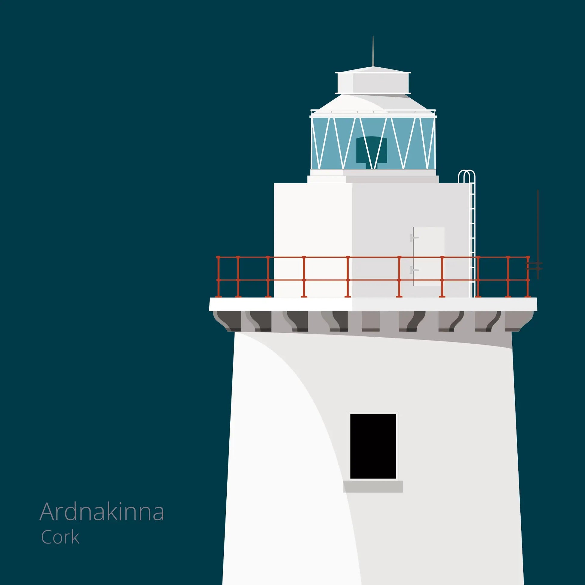 Illustration of Ardnakinna lighthouse on a midnight blue background