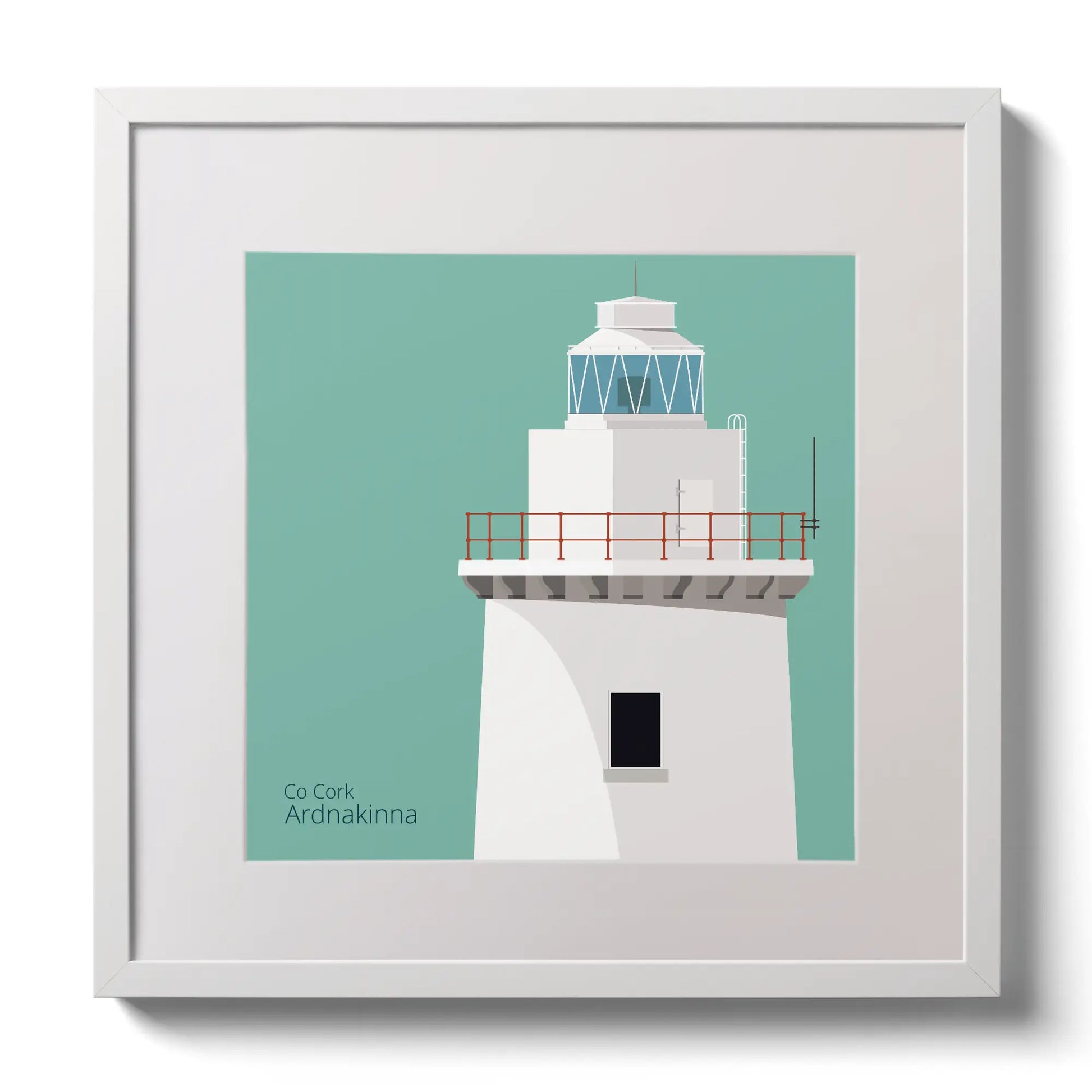 Illustration of Ardnakinna lighthouse on an ocean green background,  in a white square frame measuring 30x30cm.
