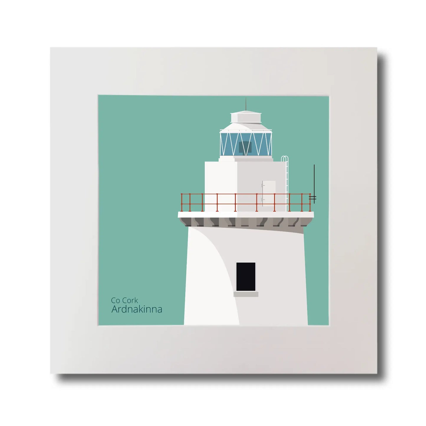 Illustration of Ardnakinna lighthouse on an ocean green background, mounted and measuring 30x30cm.
