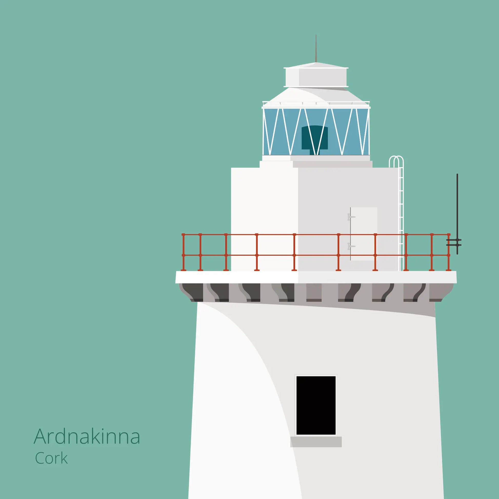 Illustration of Ardnakinna lighthouse on an ocean green background