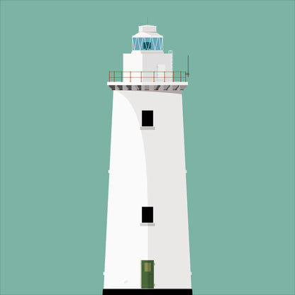 Illustration of Ardnakinna lighthouse on a white background inside light blue square.
