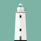 Illustration of Ardnakinna lighthouse on a white background inside light blue square.