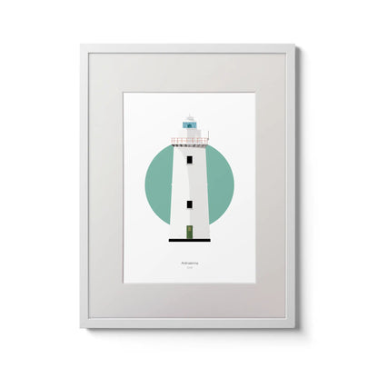 Illustration of Youghal lighthouse on a white background inside light blue square,  in a white frame measuring 30x40cm.