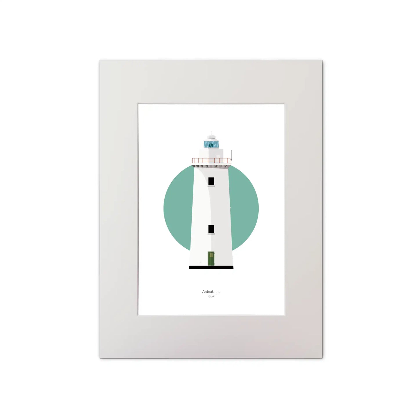 Illustration of Youghal lighthouse on a white background inside light blue square, mounted and measuring 30x40cm.