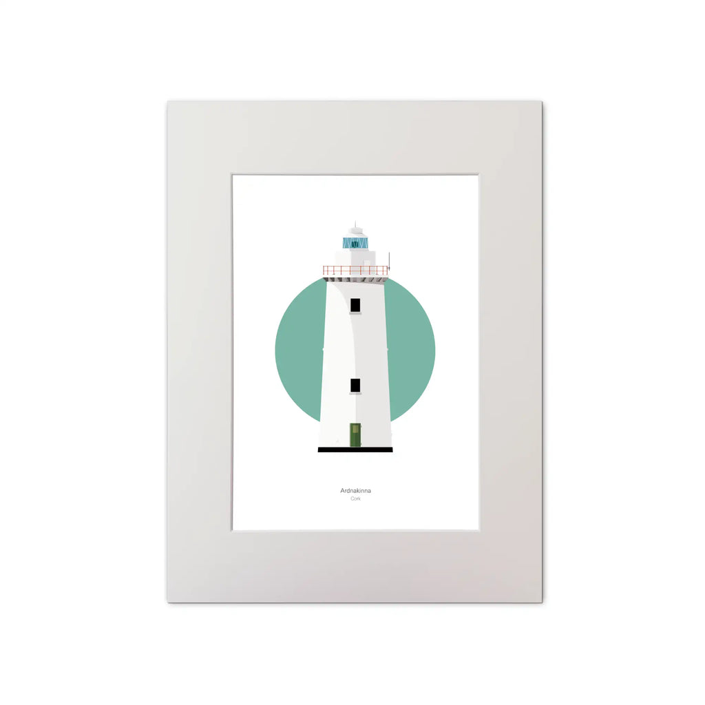 Illustration of Youghal lighthouse on a white background inside light blue square, mounted and measuring 30x40cm.